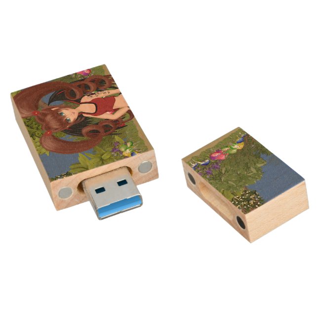 Roller Derby Anime Fairy Skating Wood Flash Drive (Angled)