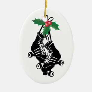 Roller Derby Girl, Christmas Skating with Holly Ceramic Ornament