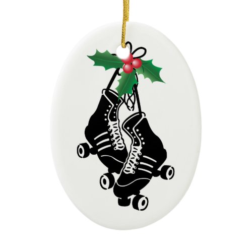 Roller Derby Girl, Christmas Skating with Holly Ceramic Ornament