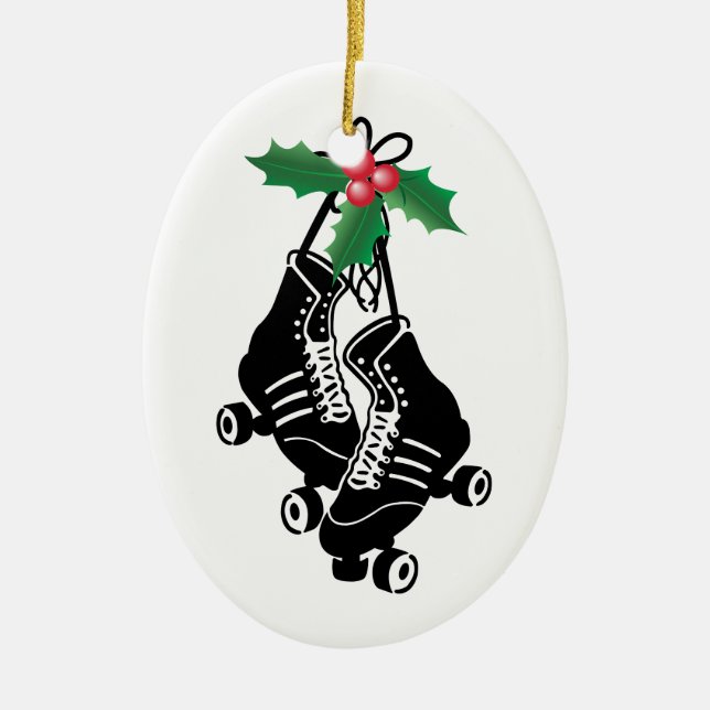 Roller Derby Girl, Christmas Skating with Holly Ceramic Ornament (Front)