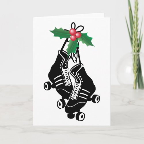 Roller Derby Girl Christmas Skating with Holly Holiday Card