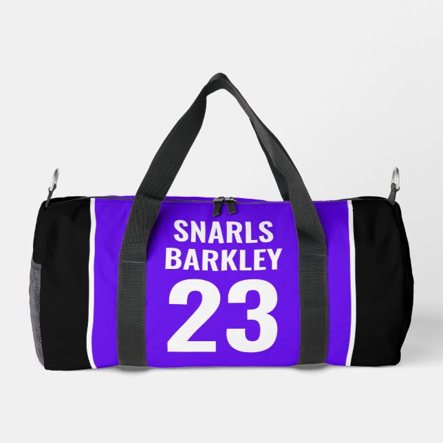 Roller Derby Logo Purple Black Team Name Uniform Duffle Bag (Back)