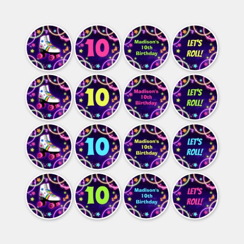 Roller Skate Birthday Party Stickers 25 Circles