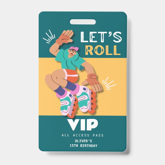 roller skate boy birthday party invitation VIP Badge (Front)