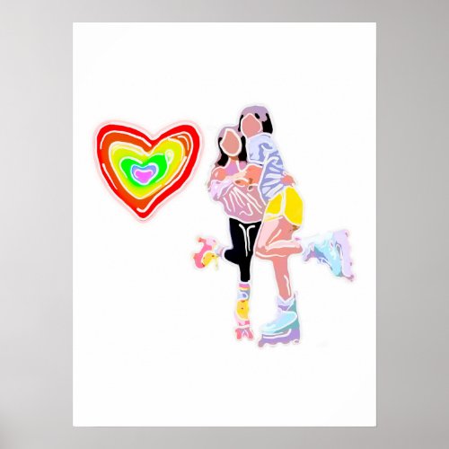 Roller Skate Girls Rainbow Heart Mug Poster