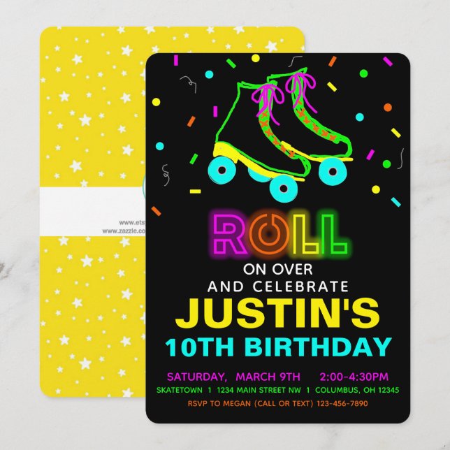 Roller Skate Glow Neon Birthday Party  Invitation (Front/Back)