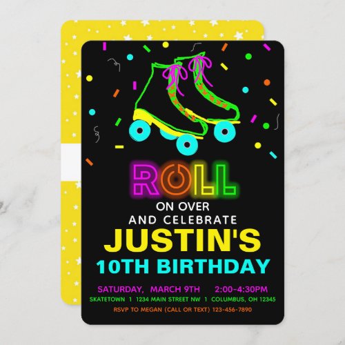 Roller Skate Glow Neon Birthday Party  Invitation