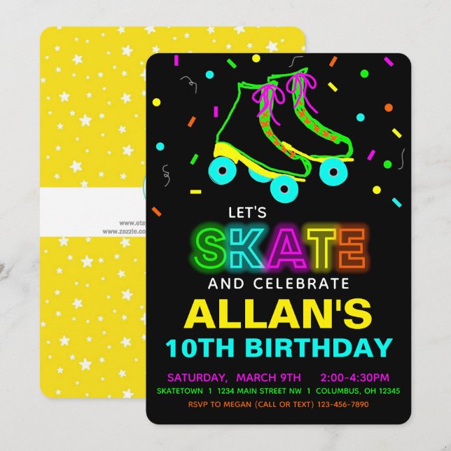 Roller Skate Glow Neon Birthday Party  Invitation (Front/Back)