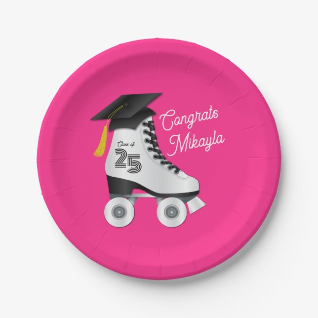 Roller Skate Graduation Party Skating Rink Pink Paper Plates (Front)