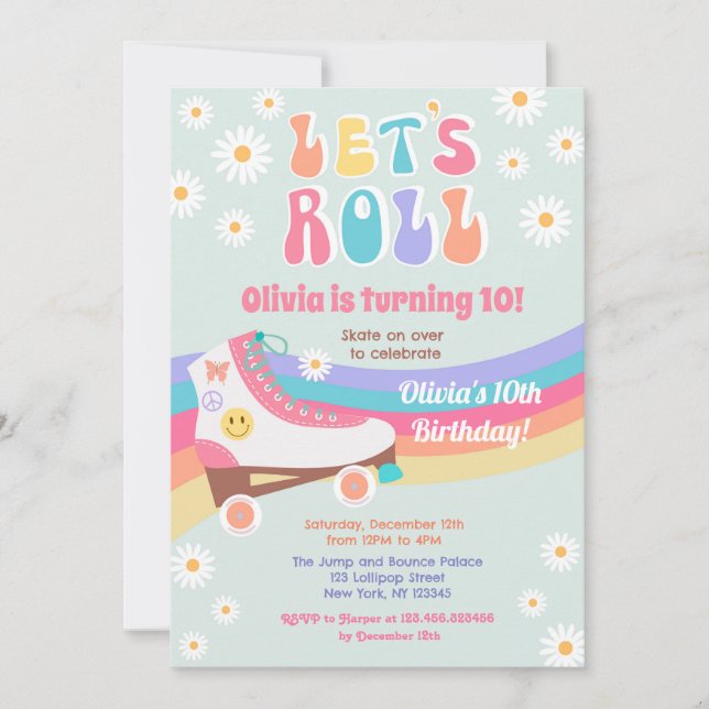 Roller Skate Groovy Daisy Birthday Invitations (Front)
