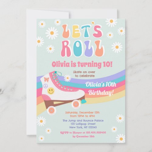Roller Skate Groovy Daisy Birthday Invitations