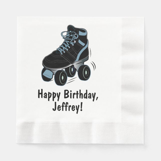Roller Skate Happy Birthday Name Customizable Paper Napkins (Front)