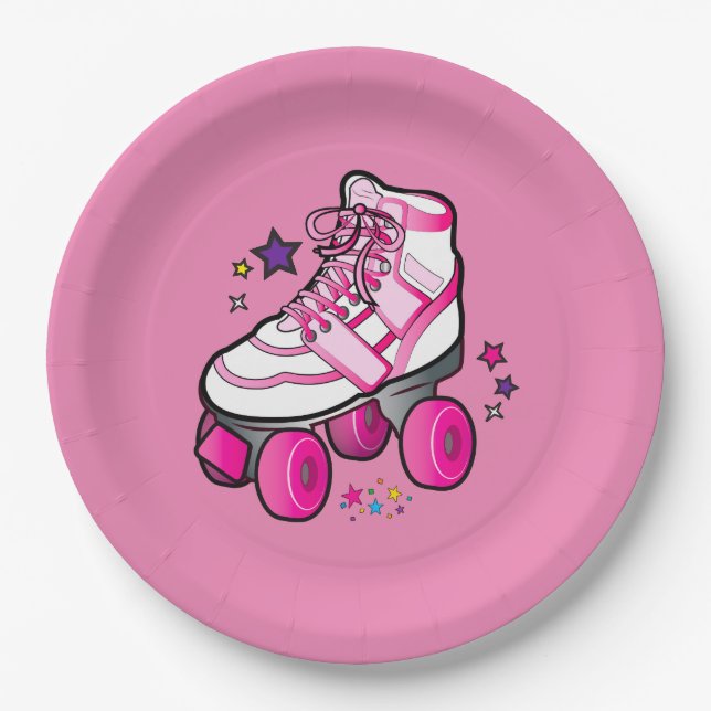 Roller Skate in Pink with Stars Paper Plates (Front)