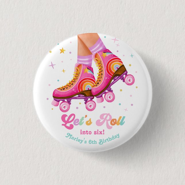 Roller Skate Let's Roll Skating Girl Birthday Button (Front)