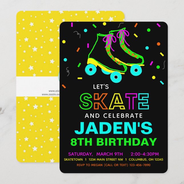 Roller Skate Neon Birthday Party  Invitation (Front/Back)