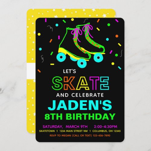 Roller Skate Neon Birthday Party  Invitation