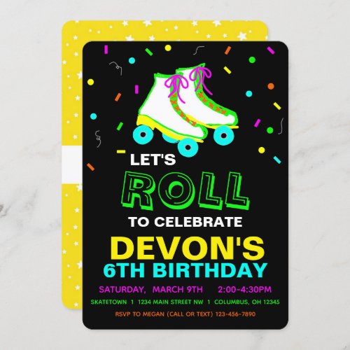 Roller Skate Neon Birthday Party  Invitation