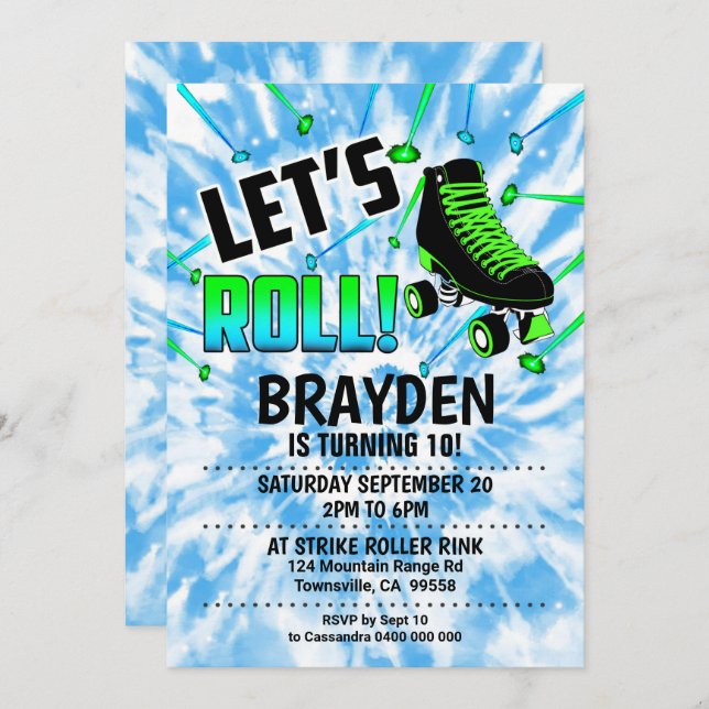 Roller Skate Party Invitation Boy Tie Dye Blue (Front/Back)