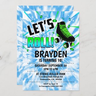 Roller Skate Party Invitation Boy Tie Dye Blue