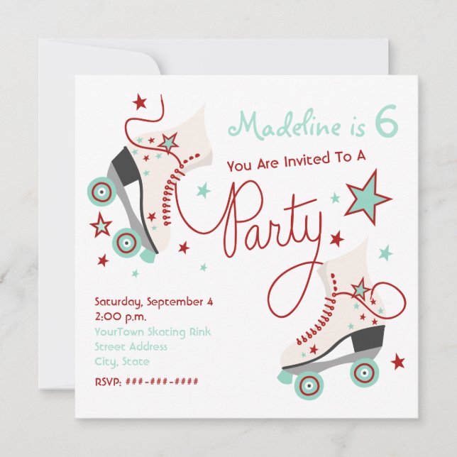 Roller Skate Party Invitation Red + Aqua (Front)