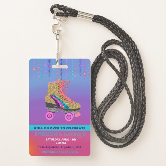 Roller SKate party, VIP Pass ,Invitation, Glitter Badge (Back with Lanyard)