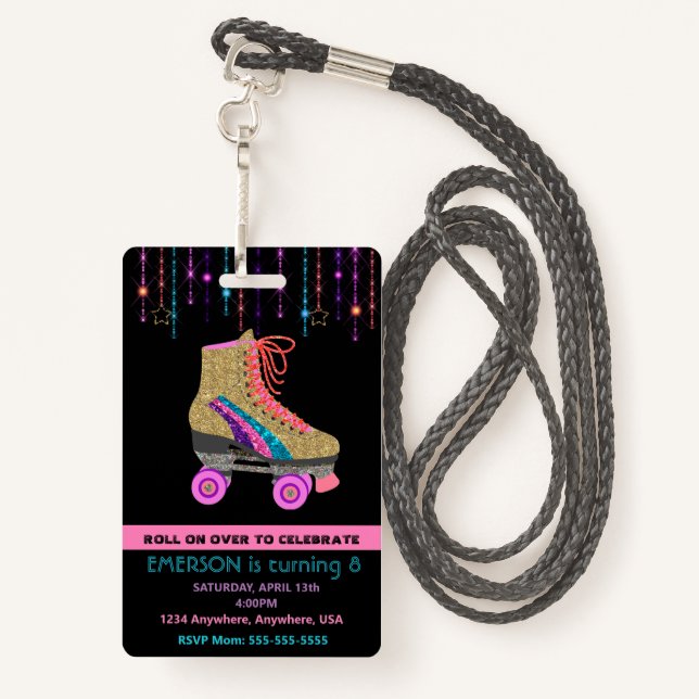 Roller SKate party, VIP Pass ,Invitation, Glitter Badge (Back with Lanyard)