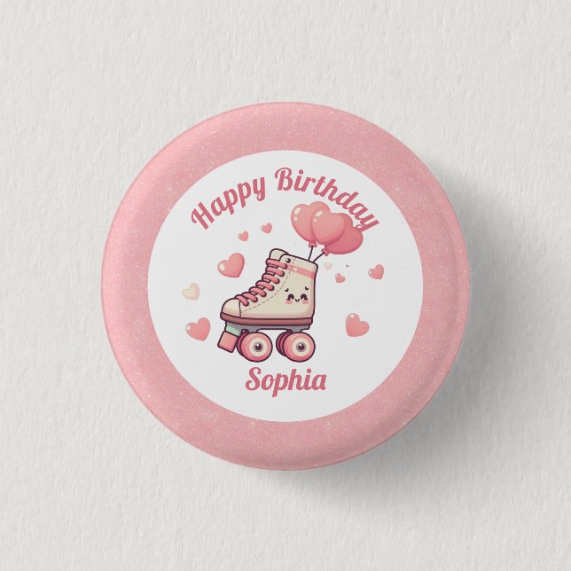 Roller Skate Pink Glitter Girl's Birthday Party Button (Front)
