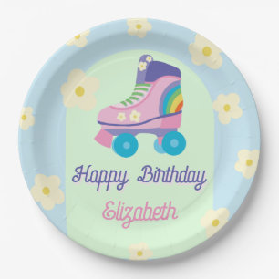 Roller Skate Retro Birthday Daisy Pastel Floral Paper Plates