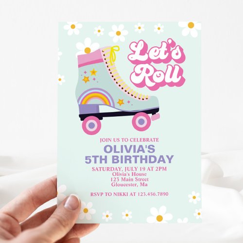 Roller skate Retro Daisy Birthday Invitation
