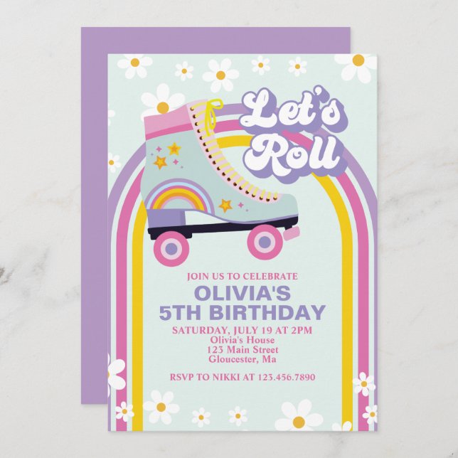 Roller skate Retro Rainbow Birthday Inv Invitation (Front/Back)