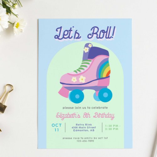 Roller Skate Retro Skating Girls Birthday Invitation