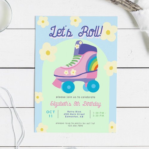 Roller Skate Retro Skating Girls Birthday Invitation