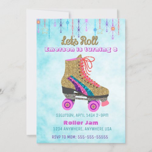 Roller skate skating Party  Roller Disco glitter Invitation