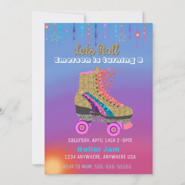 Roller skate, skating Party,  Roller Disco glitter Invitation (Front)
