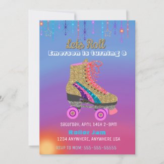 Roller skate, skating Party,  Roller Disco glitter Invitation