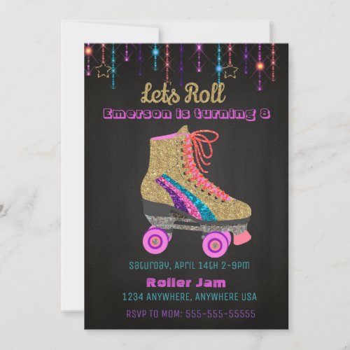 Roller skate skating Party  Roller Disco glitter Invitation