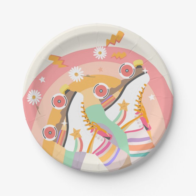 Roller Skate Skating Retro Groovy Girl Birthday Pa Paper Plates (Front)