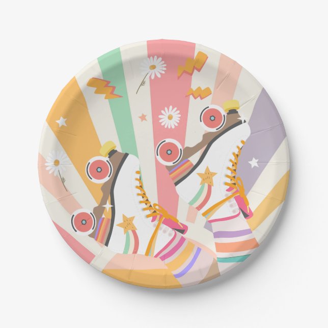 Roller Skate Skating Retro Groovy Girl Birthday Paper Plates (Front)