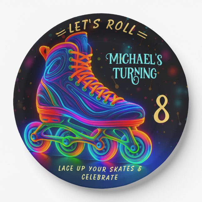 Roller Skate, Turning 8 Balloon Paper Plates (Front)