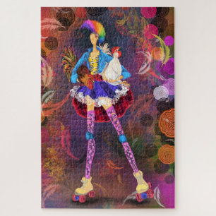 Roller Skater Punk Farm Girl and Roosters Painting Jigsaw Puzzle