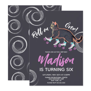 Roller Skates Black Kitten Rainbow Birthday Party Invitation