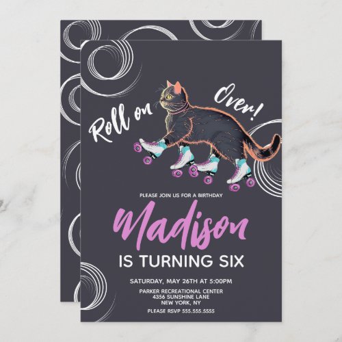 Roller Skates Black Kitten Rainbow Birthday Party Invitation