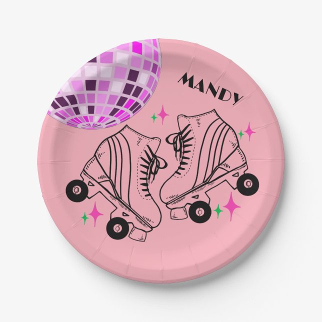 Roller Skates Derby Skating Pink Disco Birthday Paper Plates (Front)