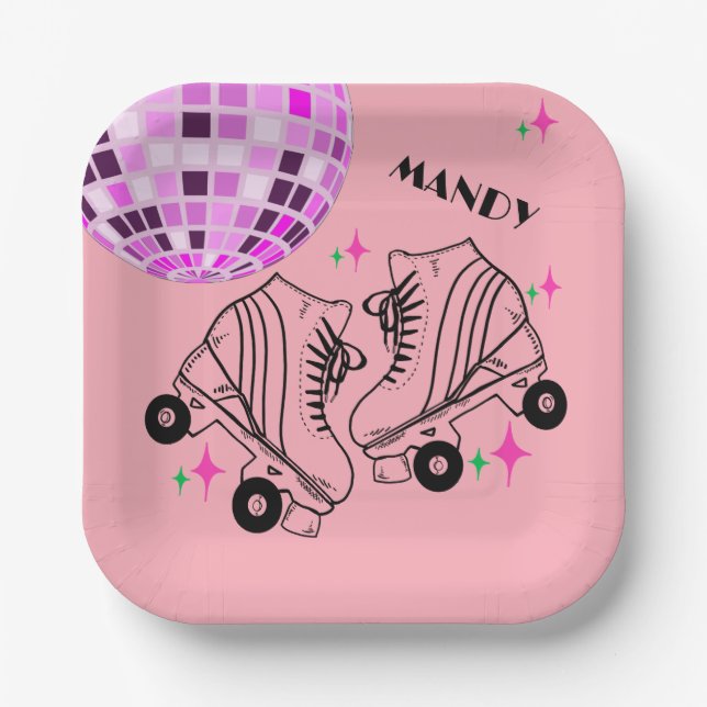 Roller Skates Derby Skating Pink Disco Birthday  Paper Plates (Front)