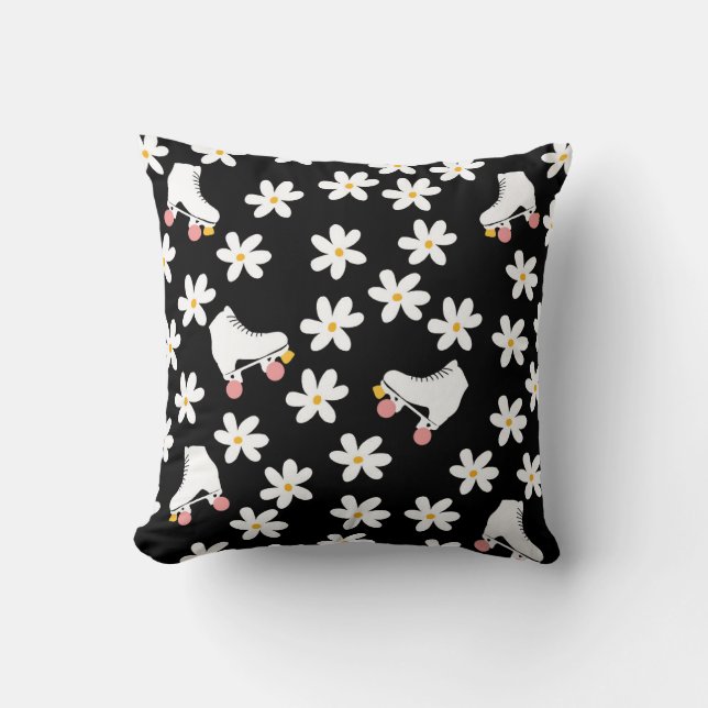 Roller Skates Floral Black Roller Skater Gift   Throw Pillow (Front)