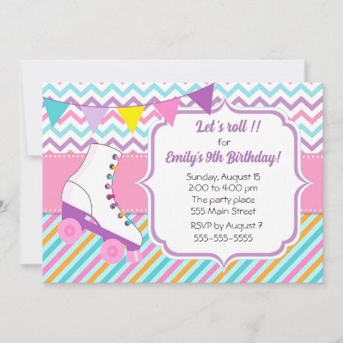 Roller skates girl birthday invitation pink blue