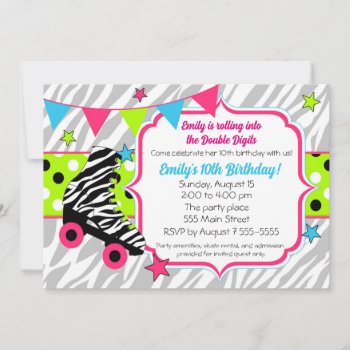Roller Skates Girl Birthday Invitation Zebra Neon by pinkthecatdesign at Zazzle