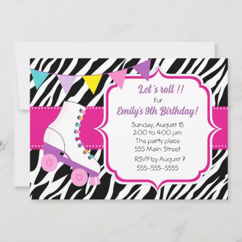 Roller skates girl birthday invitation zebra pink