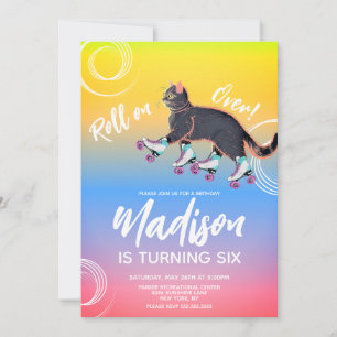 Roller Skates Kitten Black Rainbow Birthday Party Invitation
