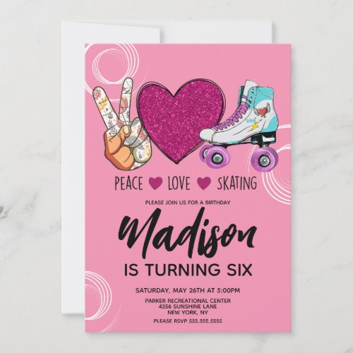 Roller Skates Pink Heart Birthday Party Invitation